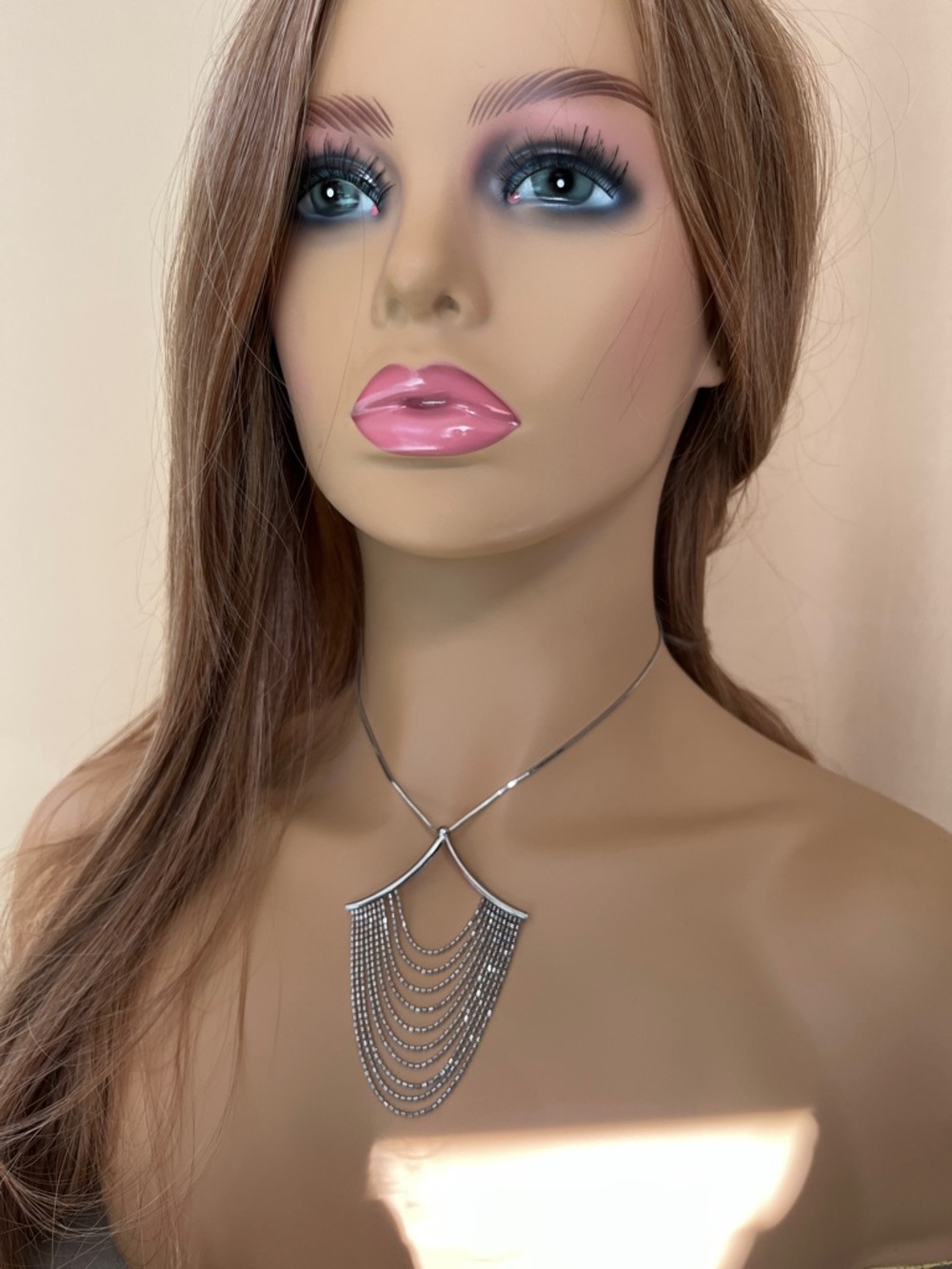 Unique Vintage Sterling Silver Multi-Chain Fringe 15’ Necklace with Pink Accents